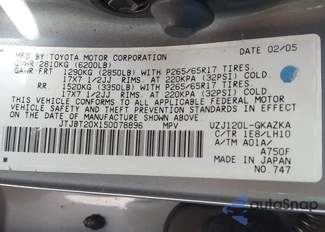2005 Lexus Gx 470 from USA, damaged, VIN JTJBT20X150078896